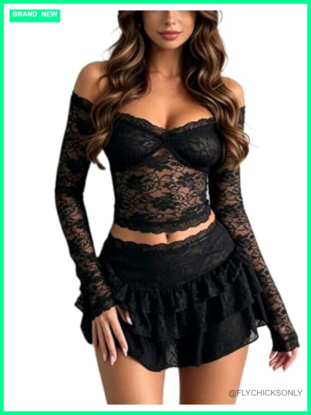 Women's 2 Piece Lace Crop Top Bodycon Mini Skirt Set
